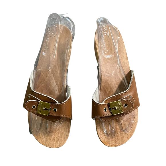 Dr. Scholl's 70's Dead Stock Original Tan  Wooden Sandals Made In Italy Sz 8 - Picture 1 of 10